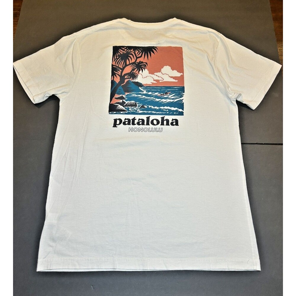 Patagonia White Short Sleeve 'Pataloha' Graphic Tee with Coral and Blue Print